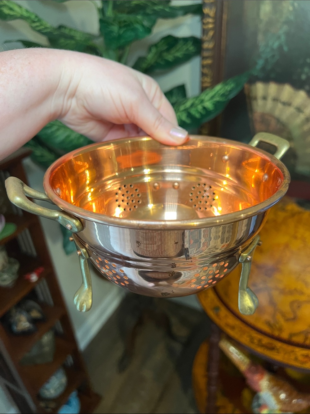 Vintage French Country Cottage Copper Colander Strainer Brass Handles Claw Feet